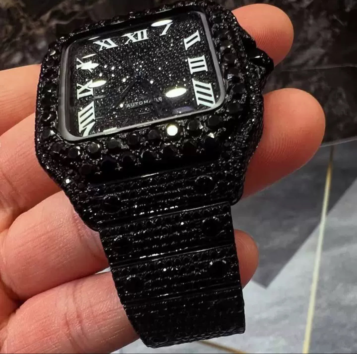 Custom Cartier Black Santos Watch【Moissanite/BLACK】